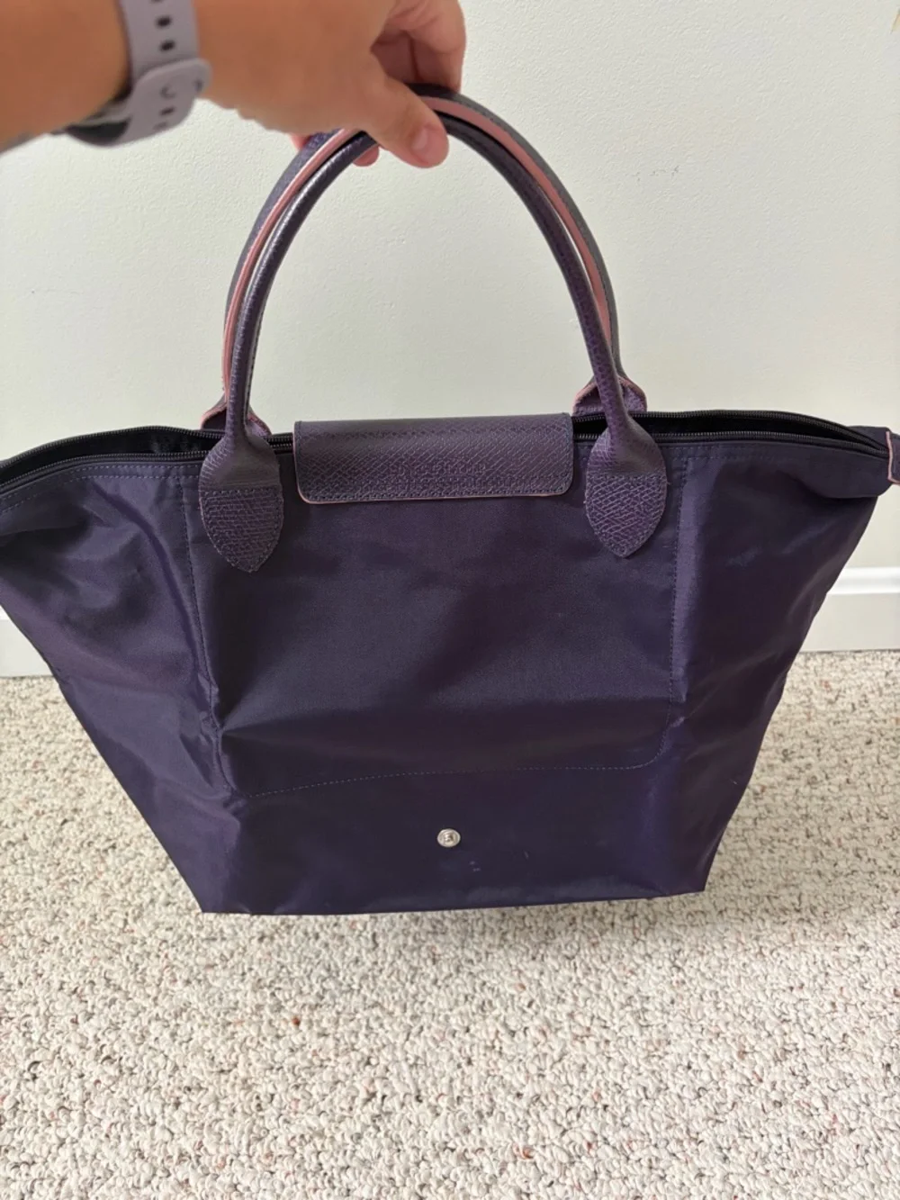Longchamp Bilberry tote with pink trim top-handle